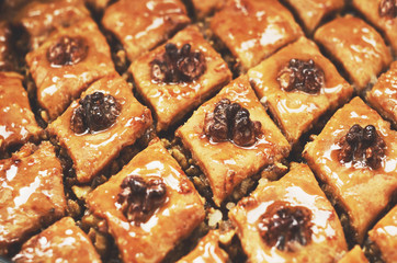 Homemade sweet baklava with honey syrup and walnut