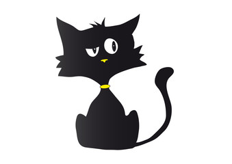 Cartoon black cat silhouette in bad mood with yellow nose and collar