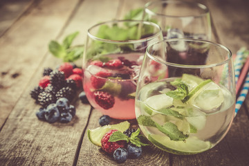 Selection of colorful infused waters in glasses