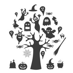 Black icons for Halloween. A tree with ghosts. Vector illustration.