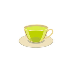 Vector cap of green tea flat isolated illustration on a white background. Cartoon glass of green drink on the saucer, herbal tea bag. Healthy beverage, lifestyle concept