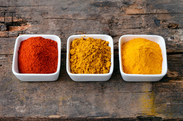 Hot red chili powder, curry and turmeric powder