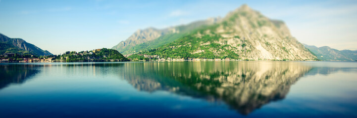 Como Lake panoramic view - green Bellagio peninsula - Lombardia Italy - defocus effect - obrazy, fototapety, plakaty