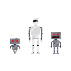 Three modern and retro style robot characters, cartoon vector illustration isolated on white background. Group of modern and retro style robots, androids, cartoon style illustration