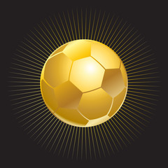Obraz premium Soccer ball gold icon isolated. Gold soccer ball with starburst on black background. Award Football icon. Championship soccer Congratulations poster. Gold ball vector.