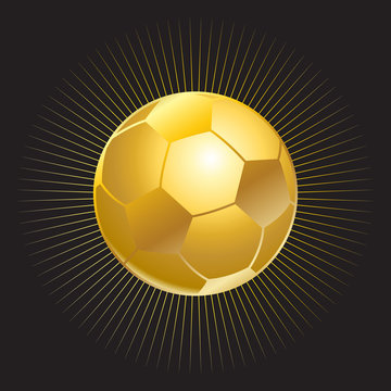 Soccer ball gold icon isolated. Gold soccer ball with starburst on black background. Award Football icon. Championship soccer Congratulations poster. Gold ball vector.