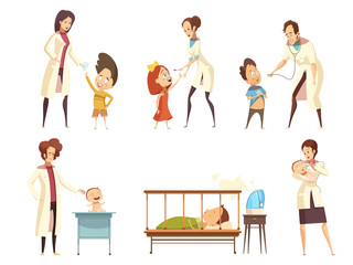 Ill Children Hospital Treatment Cartoon Set 