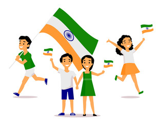 Set of Indian people, man, woman, kids, holding and waving Indian flags, cartoon vector illustration isolated on white background. Indian people with their national tricolor flags, big and small