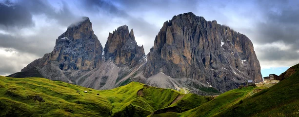 Wall murals Dolomites Sassolungo & Sassopiatto mountain ranges as seen from Passo Sella on a cloudy afternoon, Dolomites, Trentino, Alto Adige, Italy