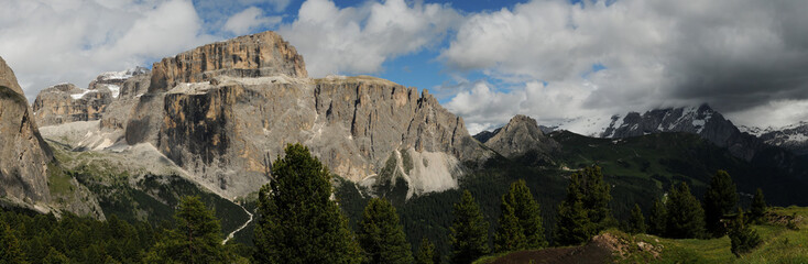 Sass Pordoi in the Italian Dolomites, as seen from Passo Sella. Italy.