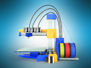 3d printer yellow blue front 3d render on blue background