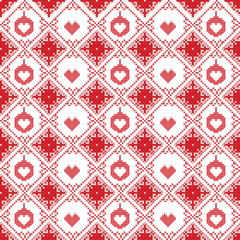Scandinavian seamless cross stitch inspired by Nordic style Christmas pattern in cross stitch with Christmas bauble, star, love heart and decorative ornaments in red and white in square shape
