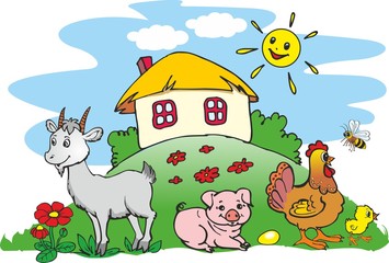 Ukrainian village - house and pets, animals on farm