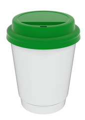 3D illustration of a mockup cardboard cup of coffee or tea to takeaway with green plastic cap. With shadow on white background