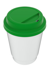 3D illustration of a mockup cardboard cup of coffee or tea to takeaway with green plastic cap. With shadow on white background