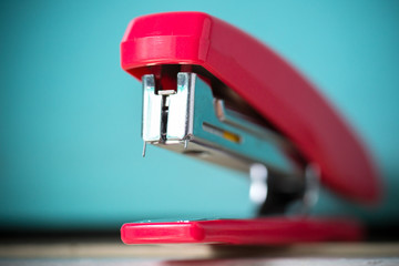 The red stapler isolated from the blue background. - obrazy, fototapety, plakaty