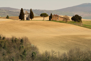Tuscany landscape, little chapel of Madonna di Vitaleta, Pienza, Siena, Italy.
