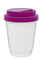 3D illustration of a mockup cardboard cup of coffee or tea to takeaway with pink plastic cap. With shadow on white background 