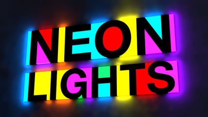 3d illustration of the colorful and glowing lettering of the words neon lights