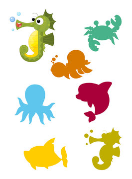 cartoon matching game with sea animals / colorful shapes - isolated illustration for children