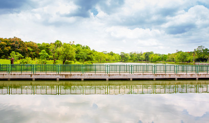 The bridge over the water in the garden.