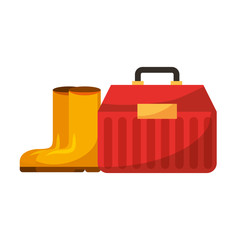 Fishing kit box with boots vector illustration design