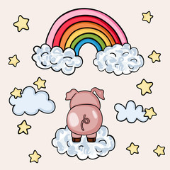 Pink pig on sky with rainbow and clouds
