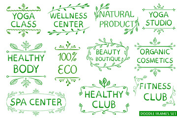 VECTOR set: green hand drawn eco, healthy, fitness, spa center signs