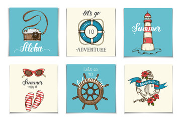 Summer vintage set of cards with hand drawn symbols and objects. Lettering, sketch. Can be used for layout, advertising and web design.