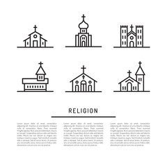 Set of vector icons of temples and churches of the major religions, Islam, Christianity, Judaism, Buddhism. Vector icons of Church buildings isolated on white background