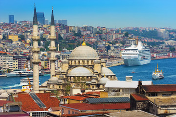 Obraz premium Istanbul view, Turkey. Mosque with minaret, old town, Bosphorus, part of Golden Horn, City and the cruise liner at the pier. View from the roof of the mescidi Valide Hani.