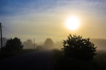 Foggy sunrise on the road