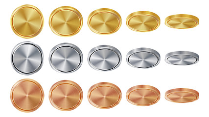 Obraz na płótnie Canvas Empty 3D Gold, Silver, Bronze Coins Vector Blank Set. Realistic Template. Flip Different Angles. Investment, Web, Game App Interface Concept. Coin Icon, Sign, Banking Cash Symbol. Currency Isolated