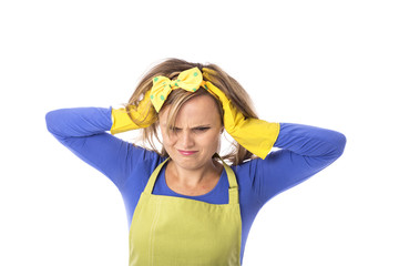 multitasking job mom feel crazy insane and tired busy screaming for rest with yellow cleaning gloves