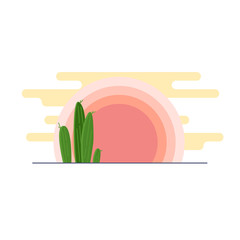 Day desert landscape with cacti under the sun flat vector illustration.