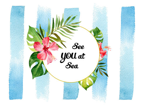 Watercolor card with tropical flowers and leaves on striped background. Can be used for invitations, greeting cards.