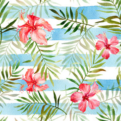 Seamless pattern with watercolor tropical flowers and leaves on striped background. Illustration can be used for gift wrapping, background of web pages, as a print for any printing products.