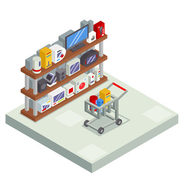 Shopping Room Interior Shelf with Goods Trolley Cart Isometric Shop Business Sell Offer Sale Store Market Icon Flat Design Vector Illustration