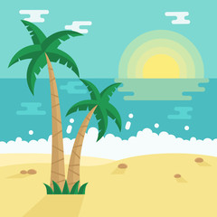 Fototapeta na wymiar Summer Beach with Tropical Palm trees. Vector illustration in flat style.