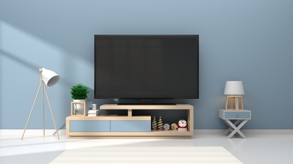 Mock up TV room in room interior blue wall background, 3d rendering