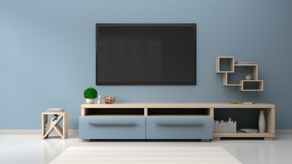 TV on the blue wall in modern living room the white wall,3d rendering