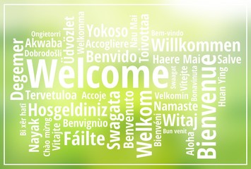 Welcome sign in multiple languages on natural green blurry background