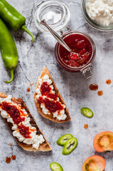 Tomato and Hot Pepper Jam, Toasts, Cheese
