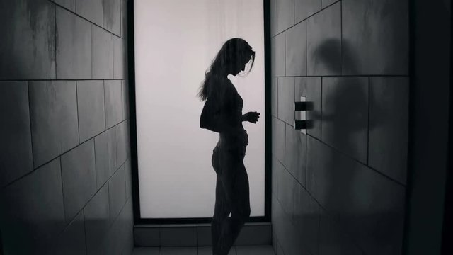 Silhouette of the sexy woman in a shower cabin