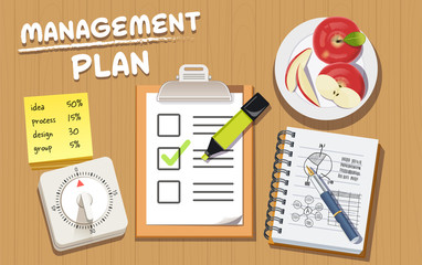 Management for work and study top view concept. Self-development. Health and balance of life. Working person.