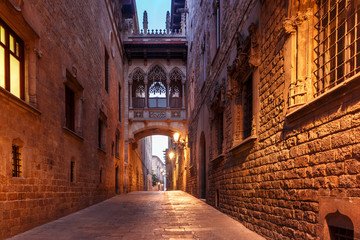 Fototapeta na wymiar Narrow cobbled medieval Carrer del Bisbe street with Bridge of Sighs in Barri Gothic Quarter in the morning, Barcelona, Catalonia, Spain