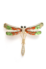 enamel brooch with golden dragonfly with diamonds isolated on white