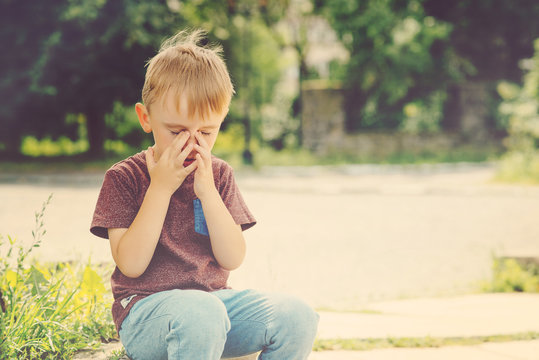 Little kid boy crying on summer walk.