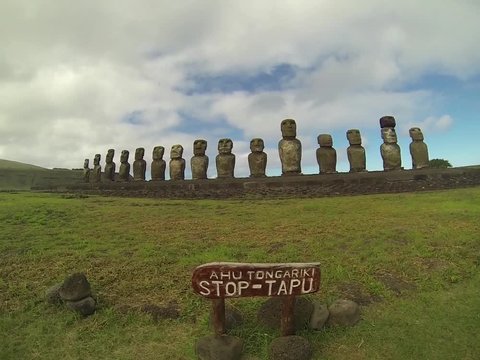 Walking in meadow with moai