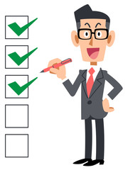 チェックリスト　ビジネスマン　笑顔　眼鏡

